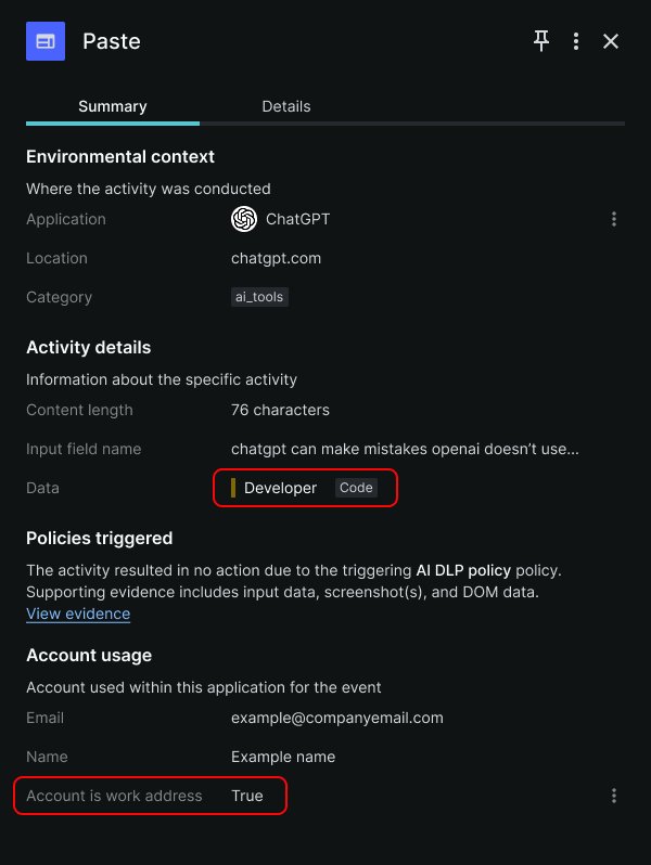 A Paste event, as shown in Keep Aware’s Console, indicates that a user pasted code in a ChatGPT account tied to their organization.