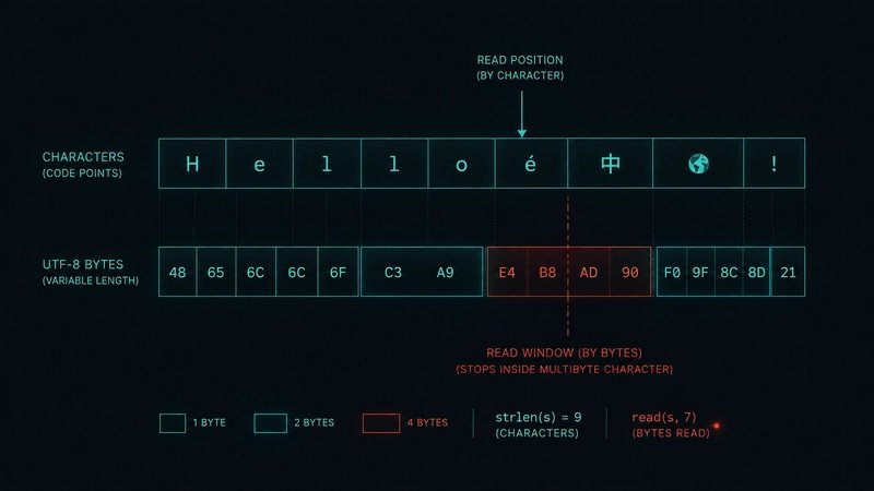 Two rows comparing the same string measured in characters versus UTF-8 bytes; a seek that is correct by character lands inside a multibyte character
