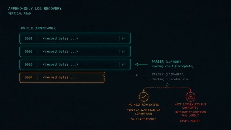 An append-only log of intact records ending in a torn final fragment; lookahead skips an interrupted final append but fails loudly on interior corruption