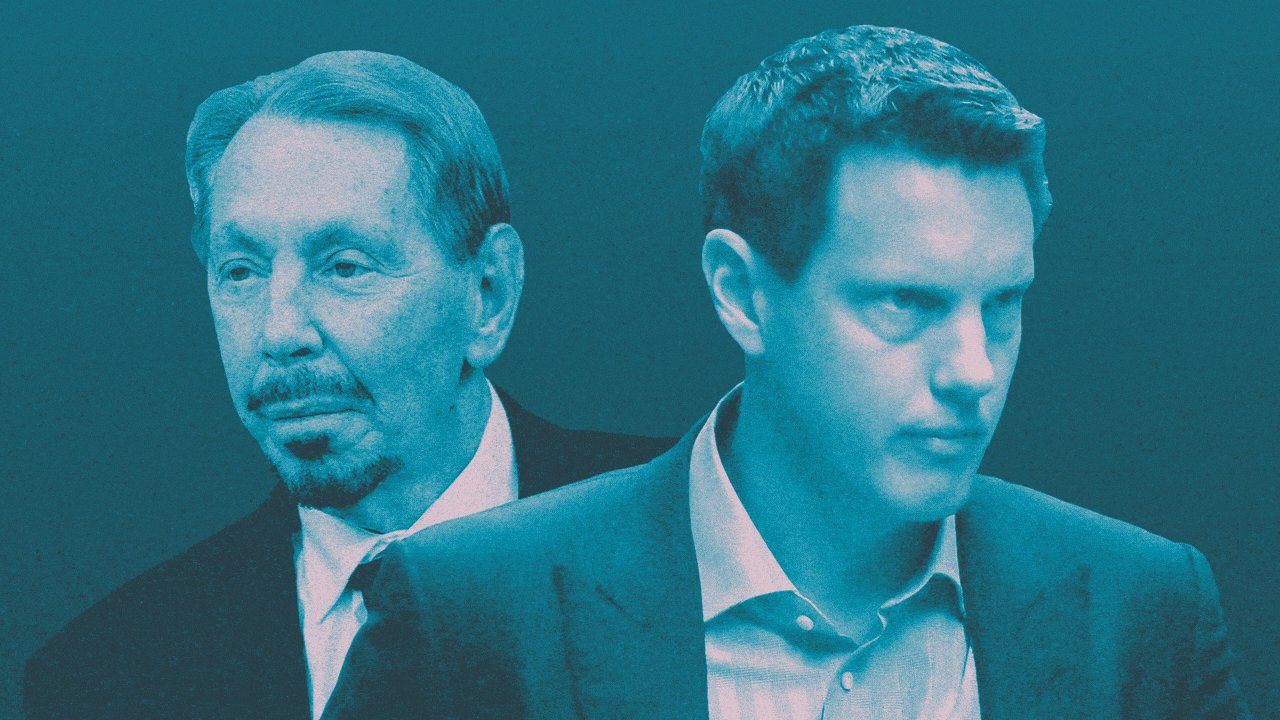 Animated photo illustration of an image of Larry and David Ellison, which is experiencing digital glitches.