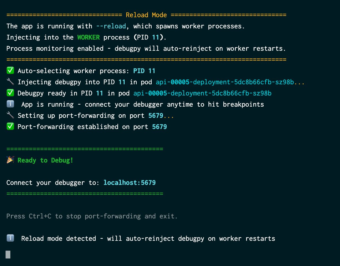 Output from debugwand showing it selecting a worker process, injecting debugpy, setting up port forwarding, and handling reload mode