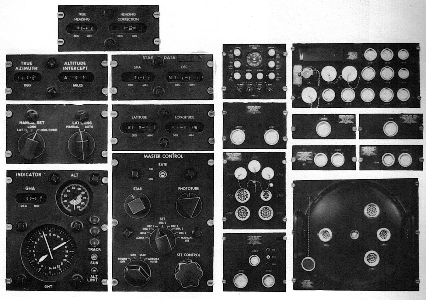 Star tracker instruments in the B-52 navigator's instrument panel: Line of Position display, Master Control panel, Heading Display panel, and Indicator Display panel.  From Kollsman MD-1 Automatic Astro Compass Manual.
