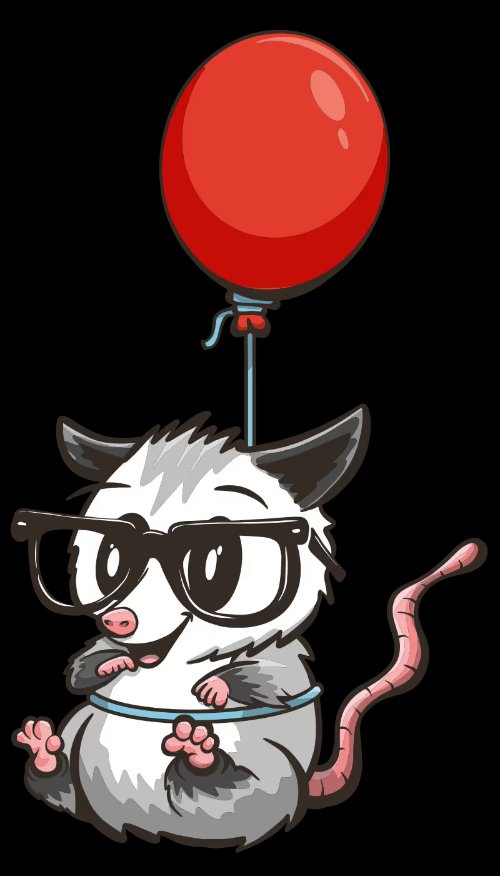 A cartoon illustration of a cute opossum wearing oversized black-rimmed glasses and a light blue collar, floating in the air while holding a red balloon by a blue string. The opossum has wide expressive eyes, a pink nose, small pink paws, and a long pink tail curling to one side. The art style is bold and graphic with thick outlines, rendered in shades of grey, white, and black against a white background.
