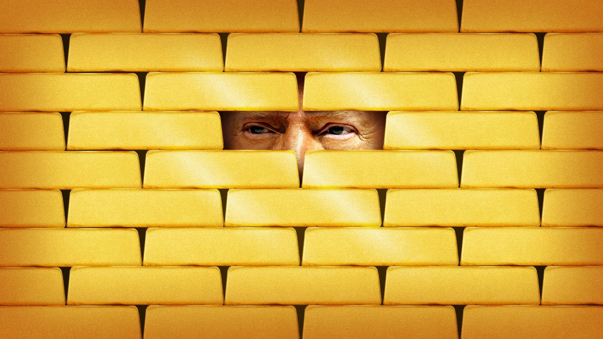 Photo illustration of President Donald Trump peering out behind a wall of gold bricks