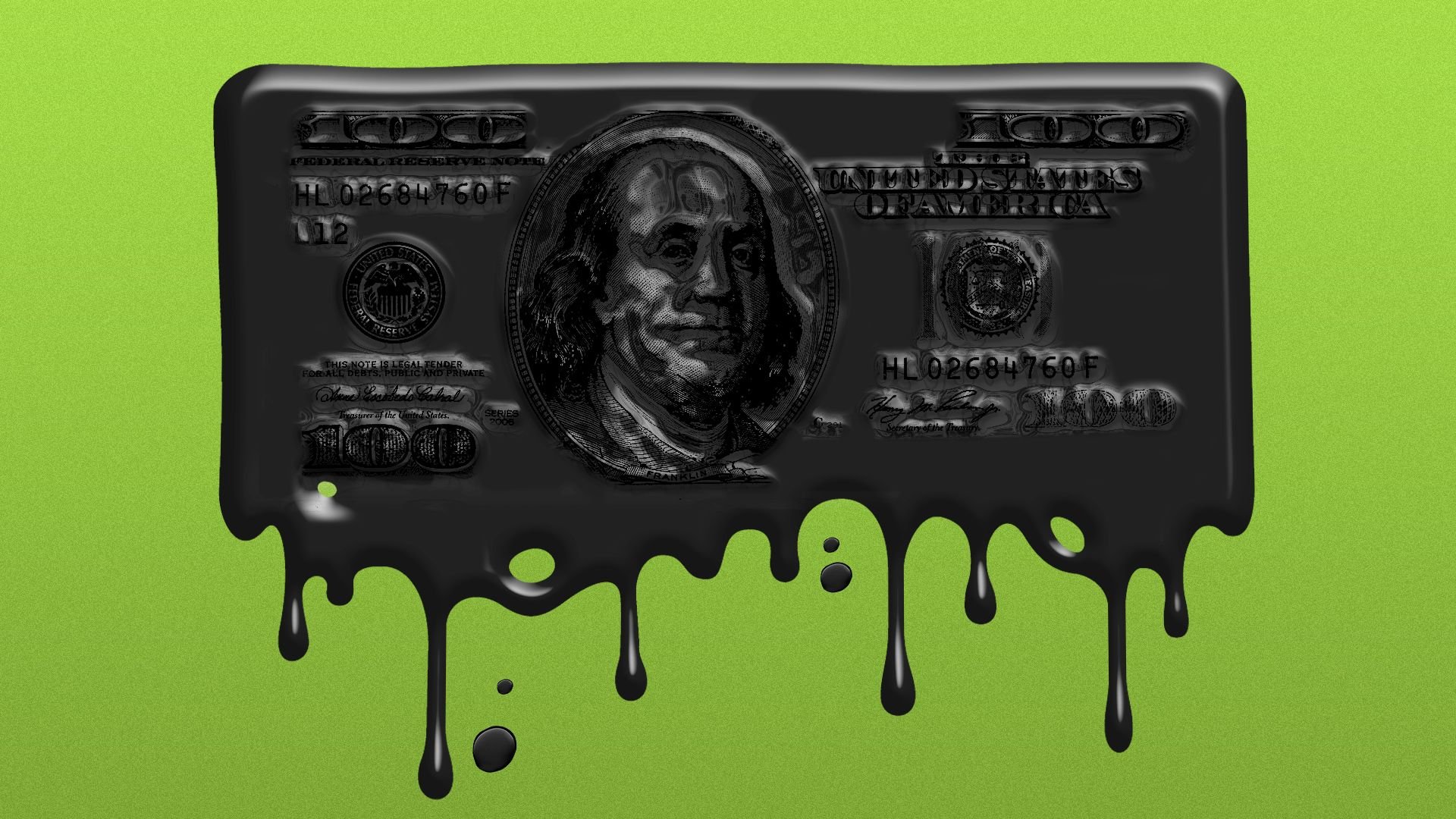 Illustration of an oil spill shaped like a hundred dollar bill.