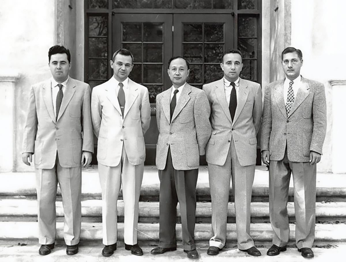 Different years, different worlds: Qian with his colleagues at the California Institute of Technology in 1954 (above) and with Chairman Mao in Beijing in 1956 (right).
