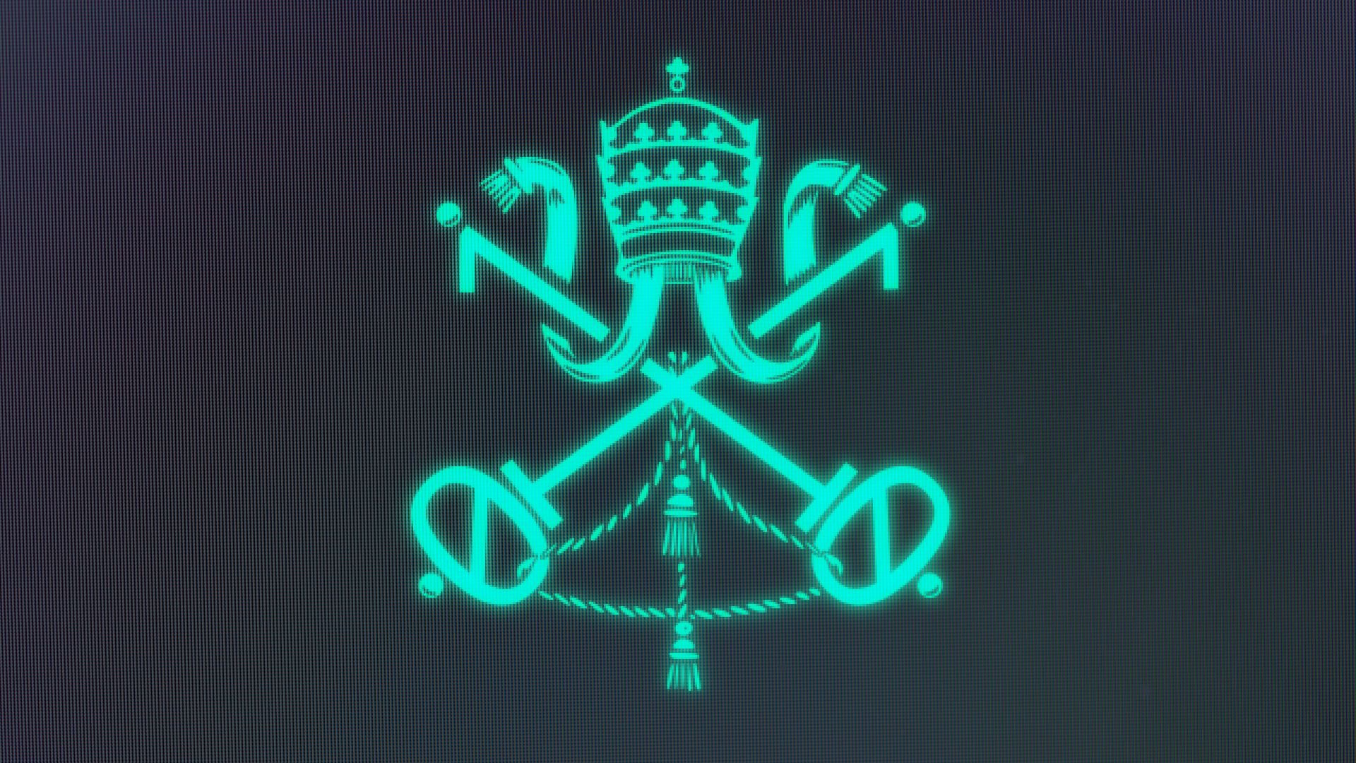 Illustration of the Holy See seal, with the keys replaced with key shapes made from 0's and 1's. 