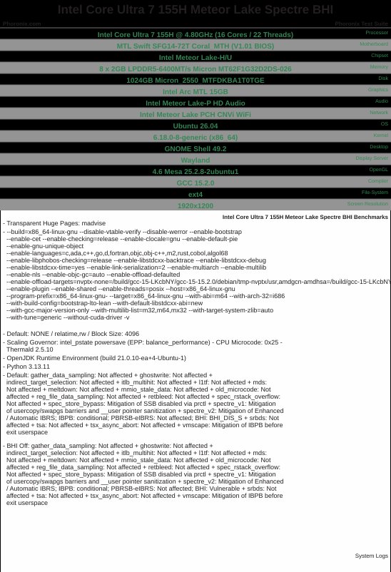 Intel Core Ultra 7 155H Meteor Lake Spectre BHI