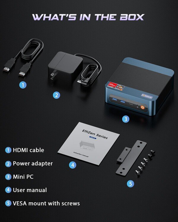 Power adapter, HDMI cable and a VESA mount are included in the box of the P3 mini PC
