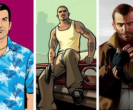 (Left to right) A collage containing official artwork of Tommy Vercitti, Cesar Vialpando, and Niko Bellic