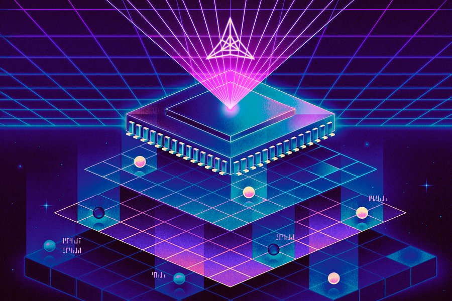 Abstract illustration of a computer chip split up into layers over a neon grid in the background.