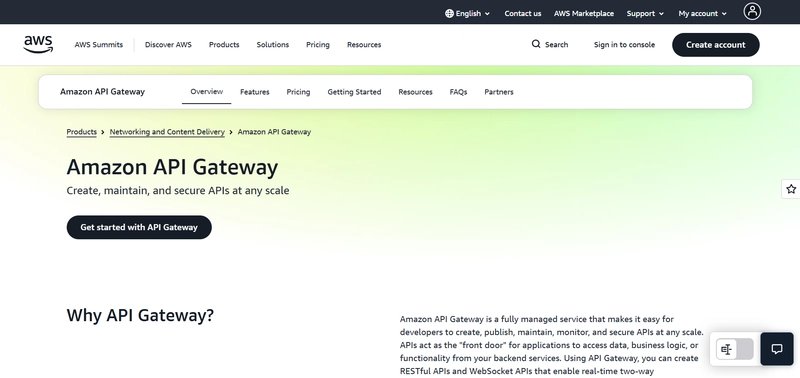 AWS API Gateway showcasing Amazon’s managed API service for serverless applications, AI backends, request routing, monitoring, and cloud-native infrastructure