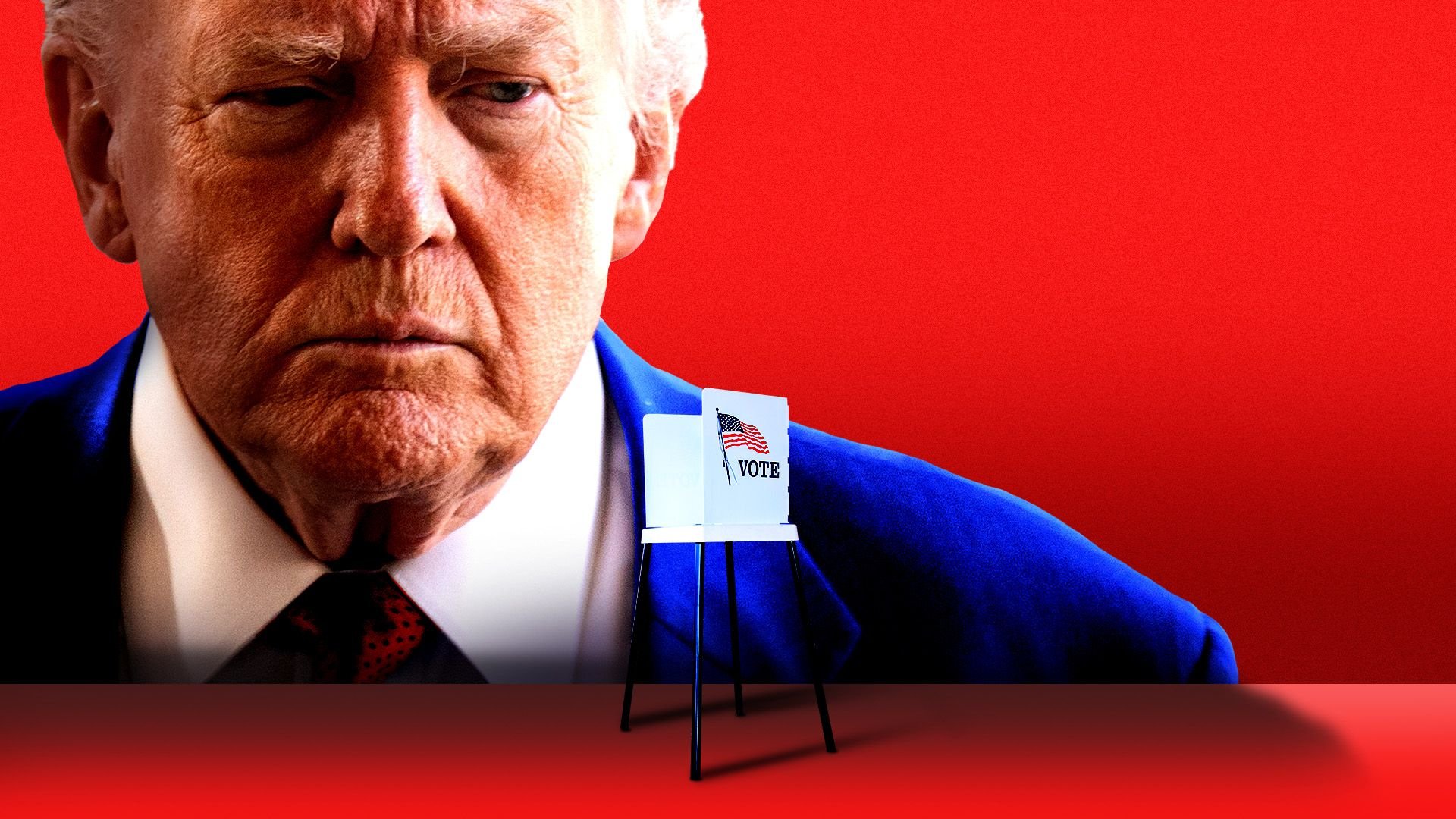 Photo illustration of President Trump gazing at a small voting booth