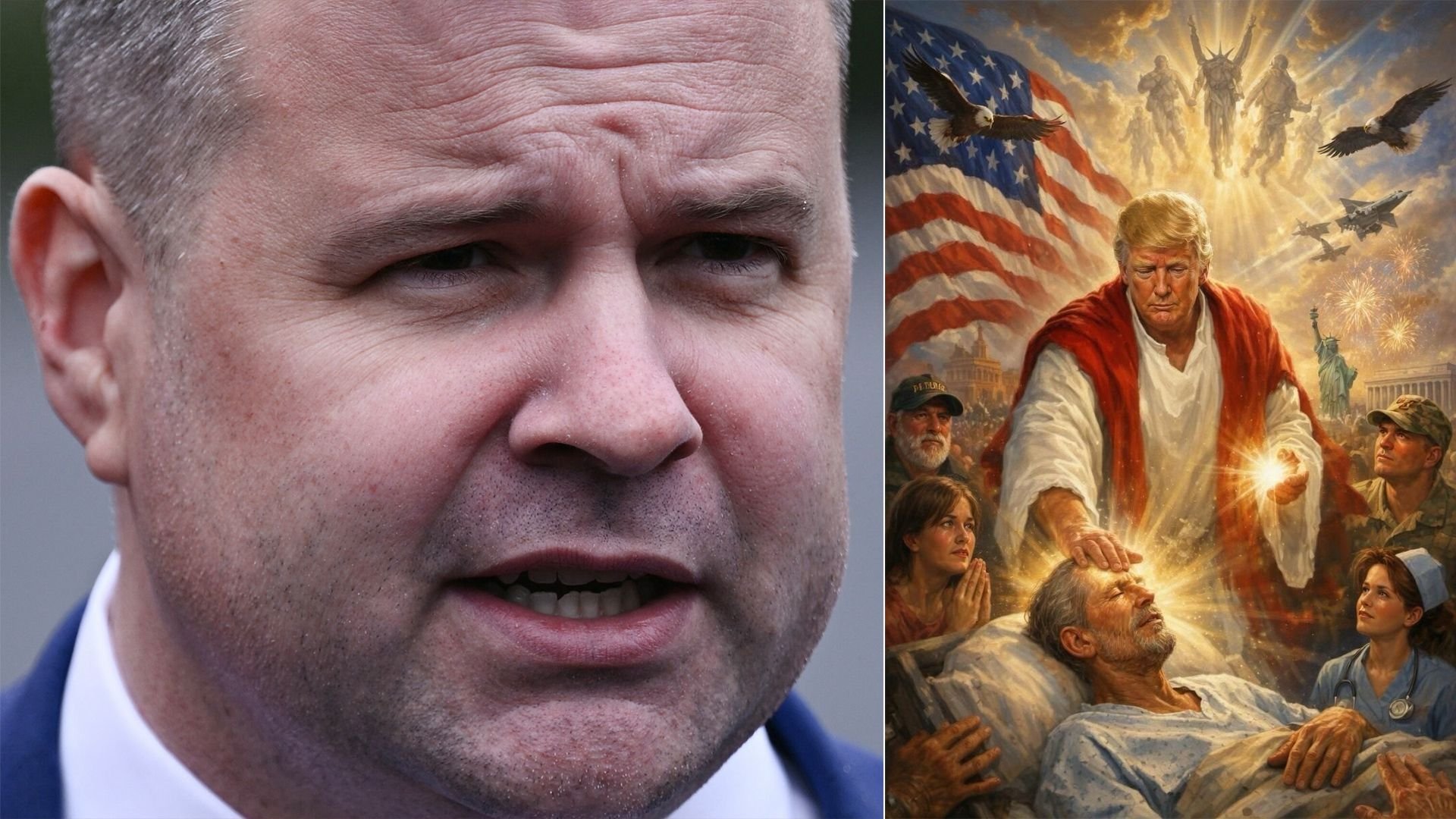 Bill Pulte and a meme of President Trump laying a hand on a sick person in an image widely seen as Trump portraying Jesus