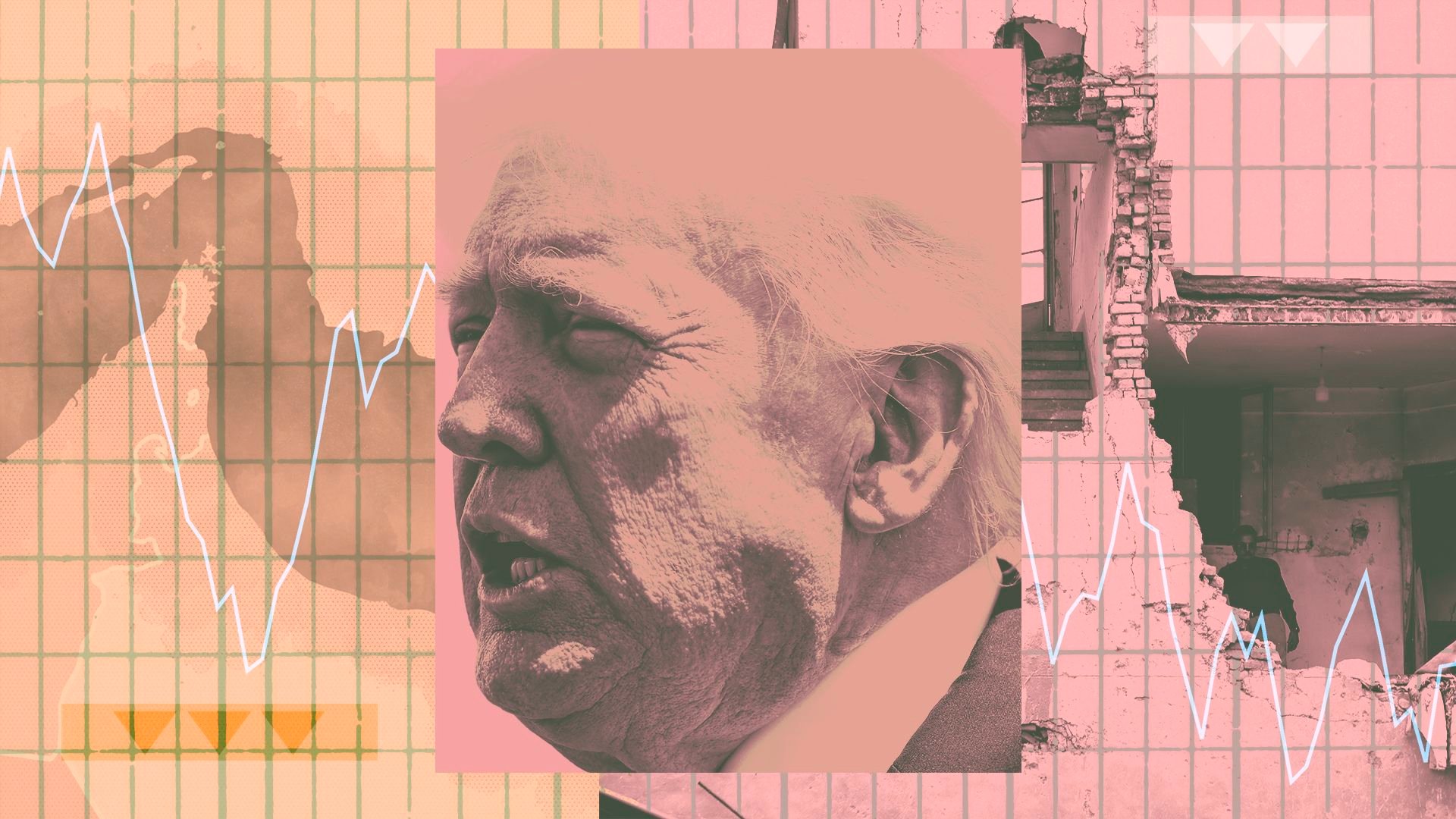Photo collage of President Trump with graph paper behind him, a downward trending line, a map of the Strait of Hormuz, and a photo of a destroyed building in Tehran
