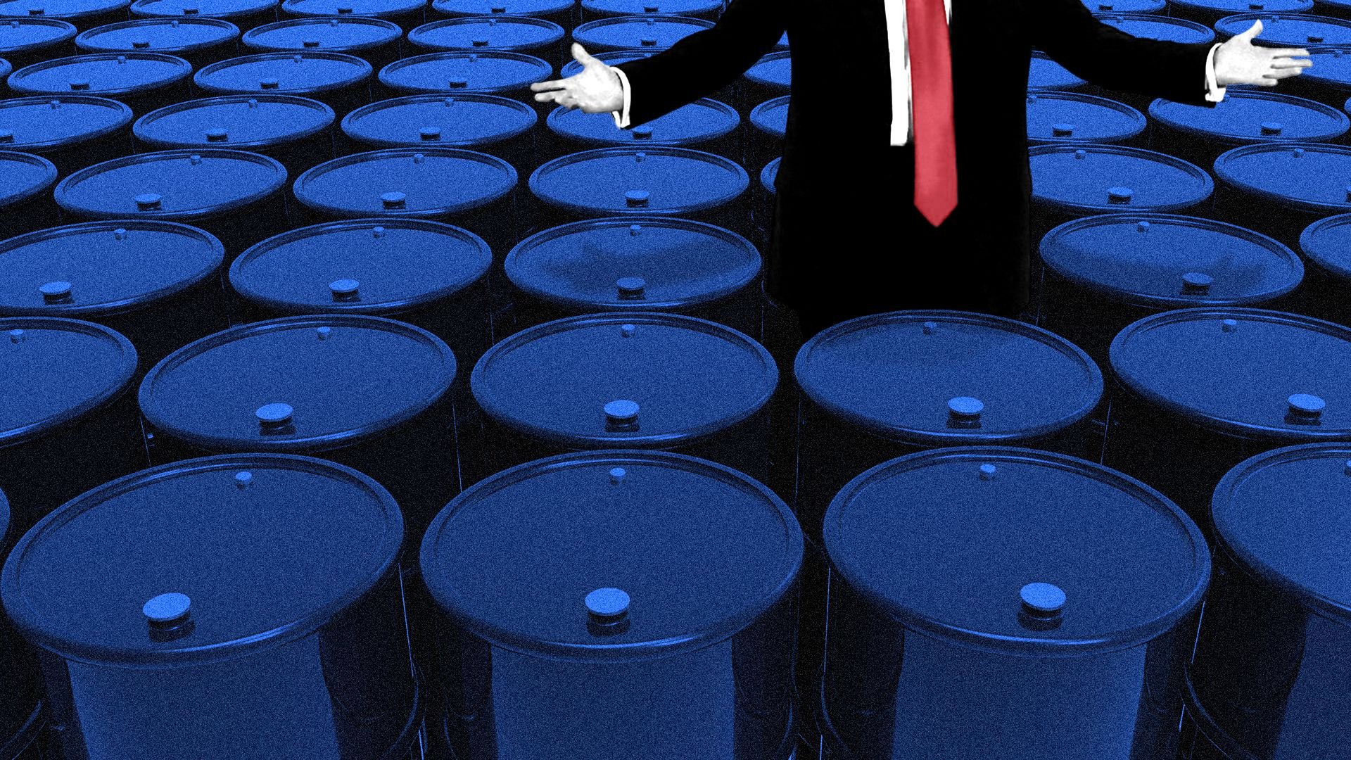 Photo illustration of Donald Trump, cropped from the shoulders down and holding his arms out with upturned hands, standing amid rows and rows of oil barrels. 