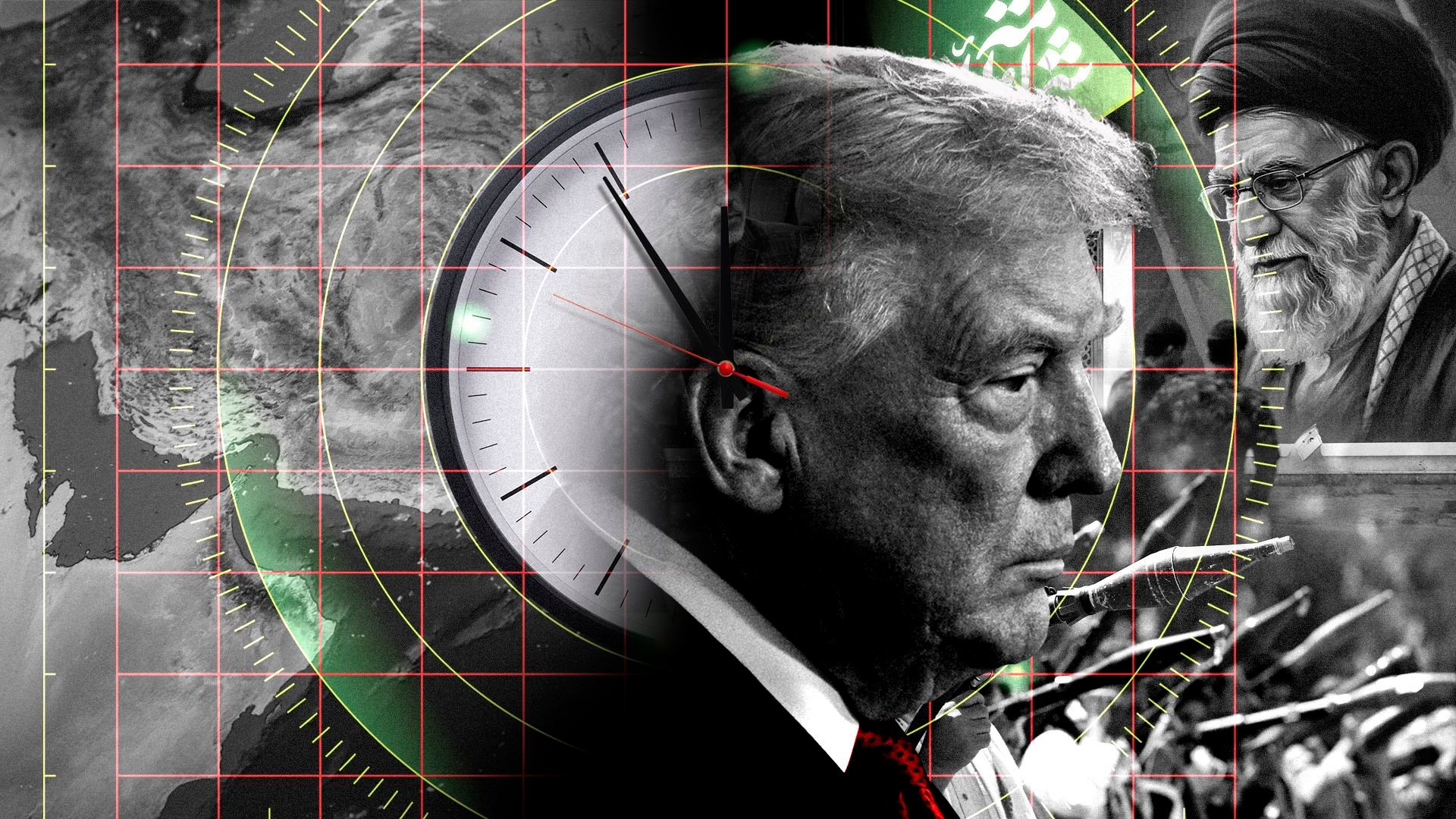 Photo illustration of President Donald Trump in a collage featuring a mural of Iran's slain supreme leader Ayatollah Ali Khamenei, supporters of the  Houthi movement brandishing their weapons, the Strait of Hormuz, and radar and clock elements