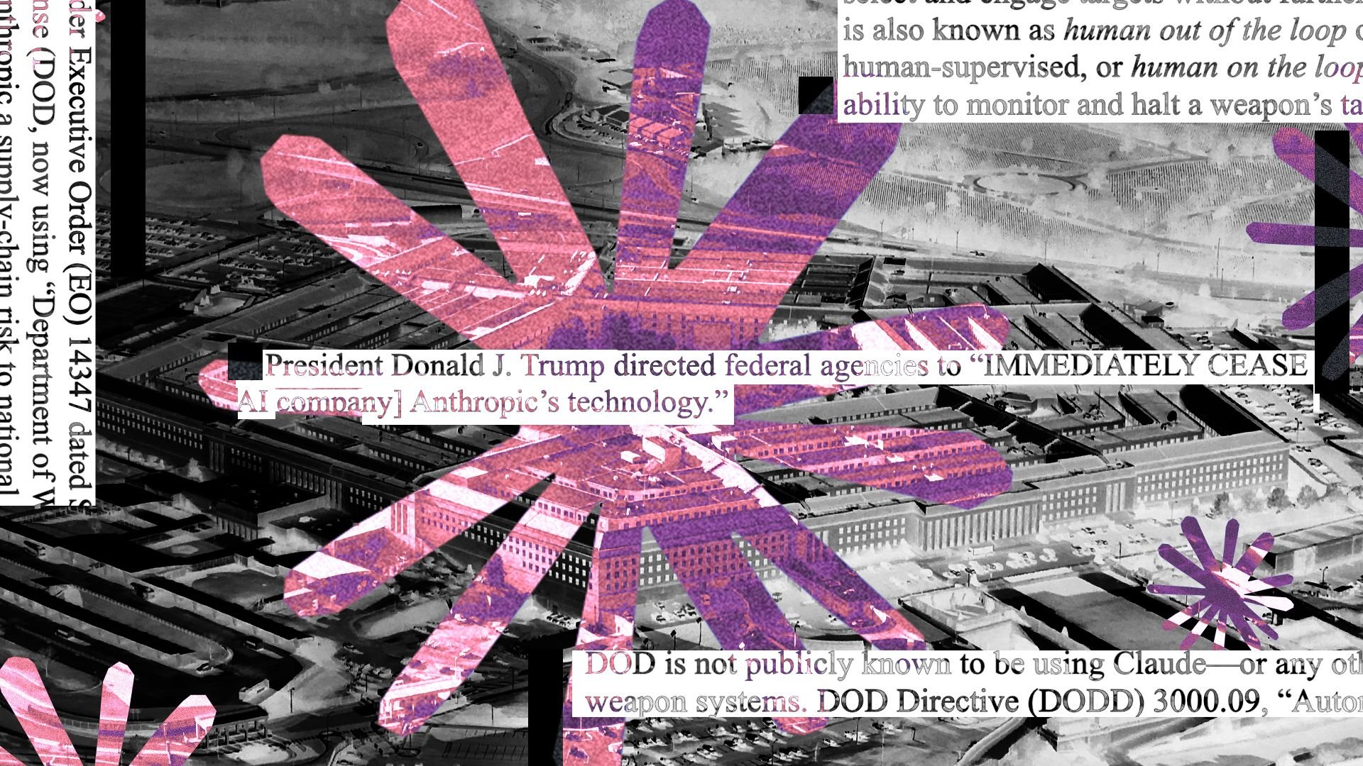Illustrated collage of the Pentagon with snippets from a congressional document and the Anthropic splat logo overlaid randomly. 