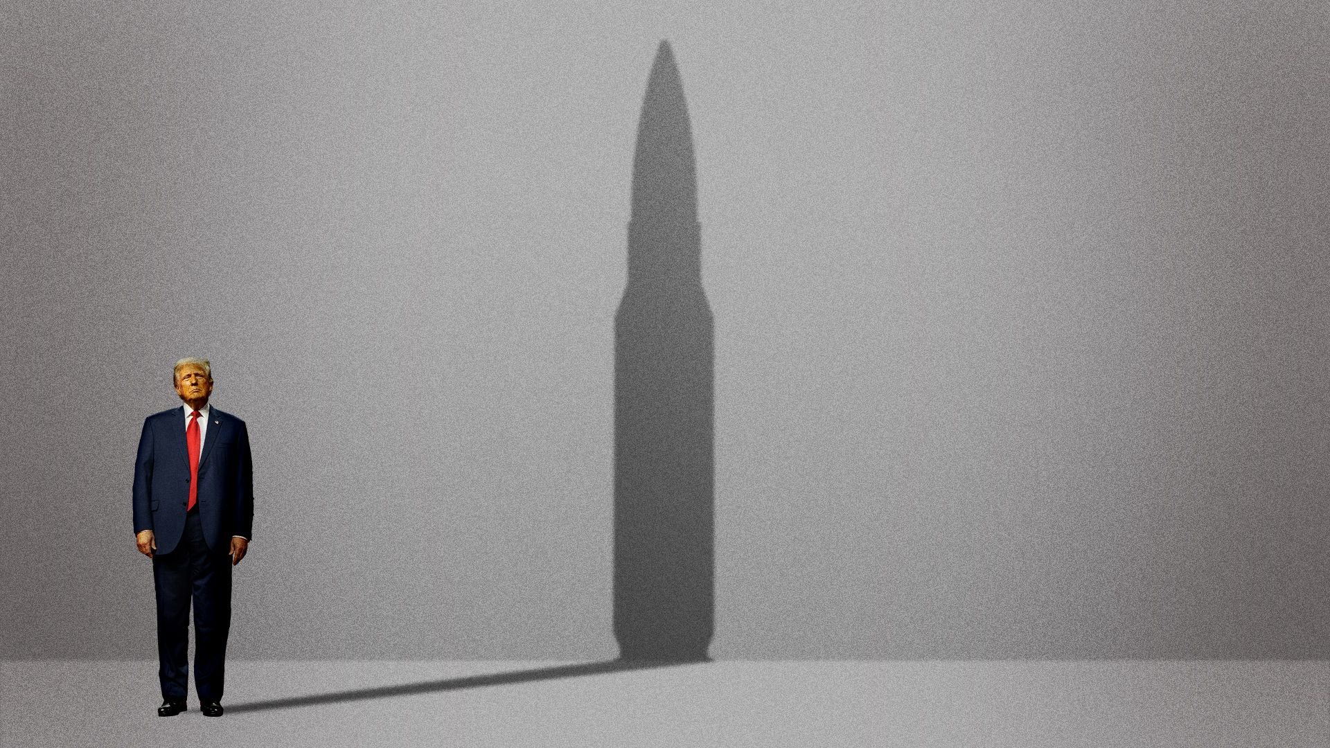 Illustration of Donald Trump casting a shadow shaped like a large bullet.