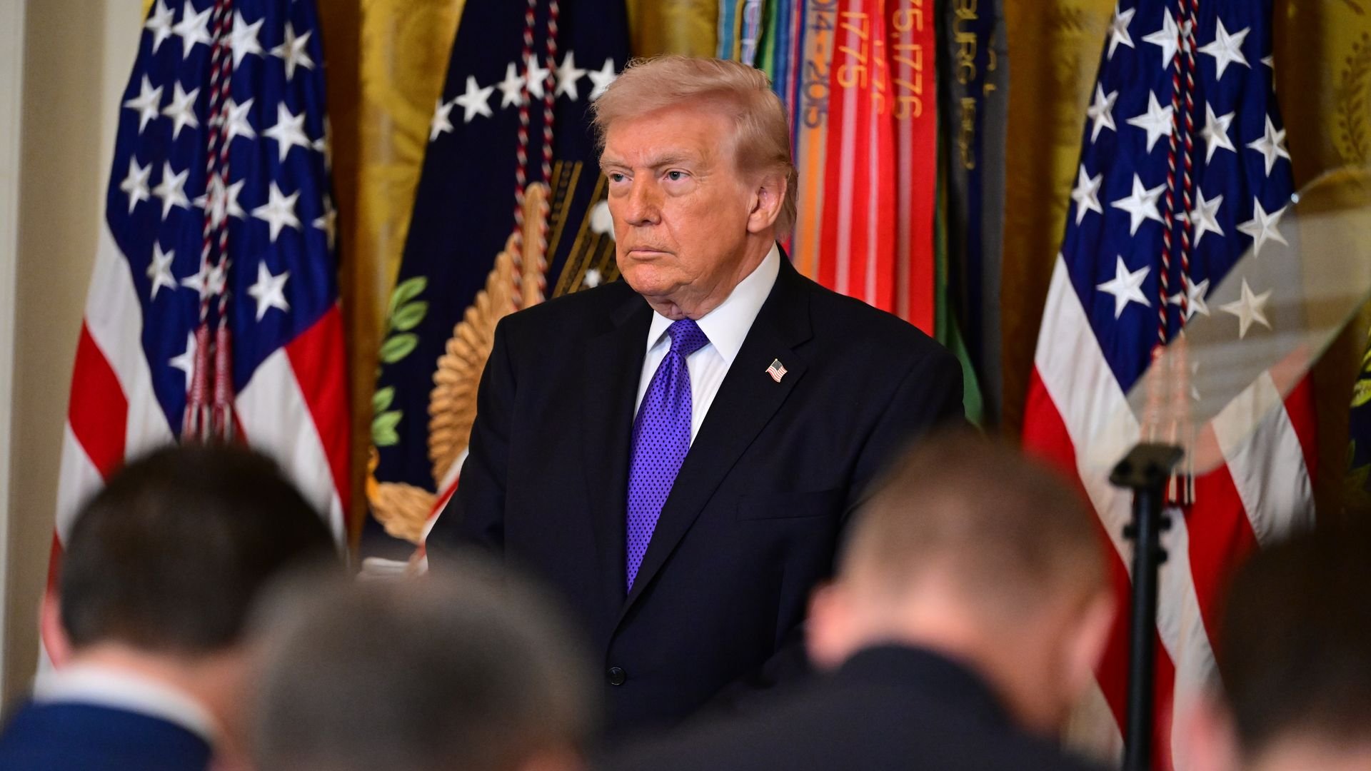  U.S. President Donald Trump speaks during a Medal of Honor ceremony in the East Room of the White House in Washington, United States, on March 02, 2026. (Photo by Kyle Mazza/Anadolu via Getty Images)