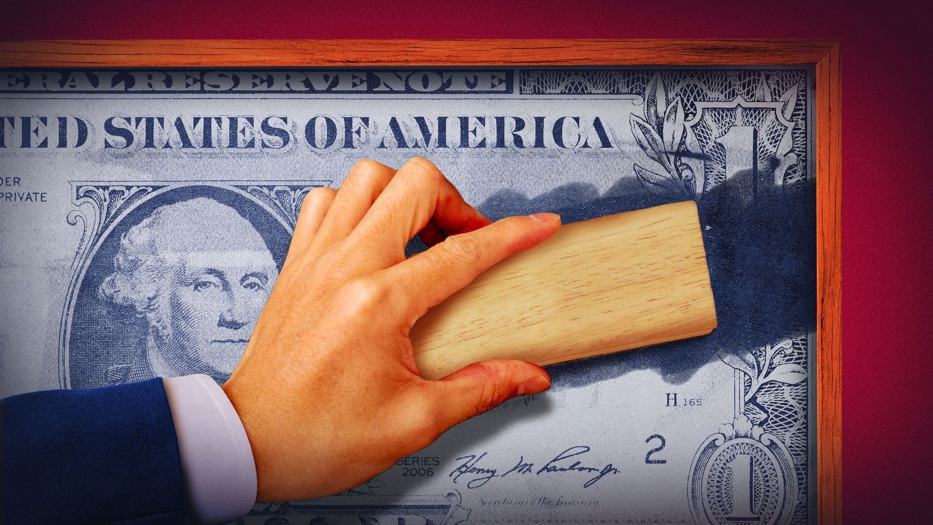 Illustration of a hand in a suit erasing a dollar bill in chalk on a chalkboard