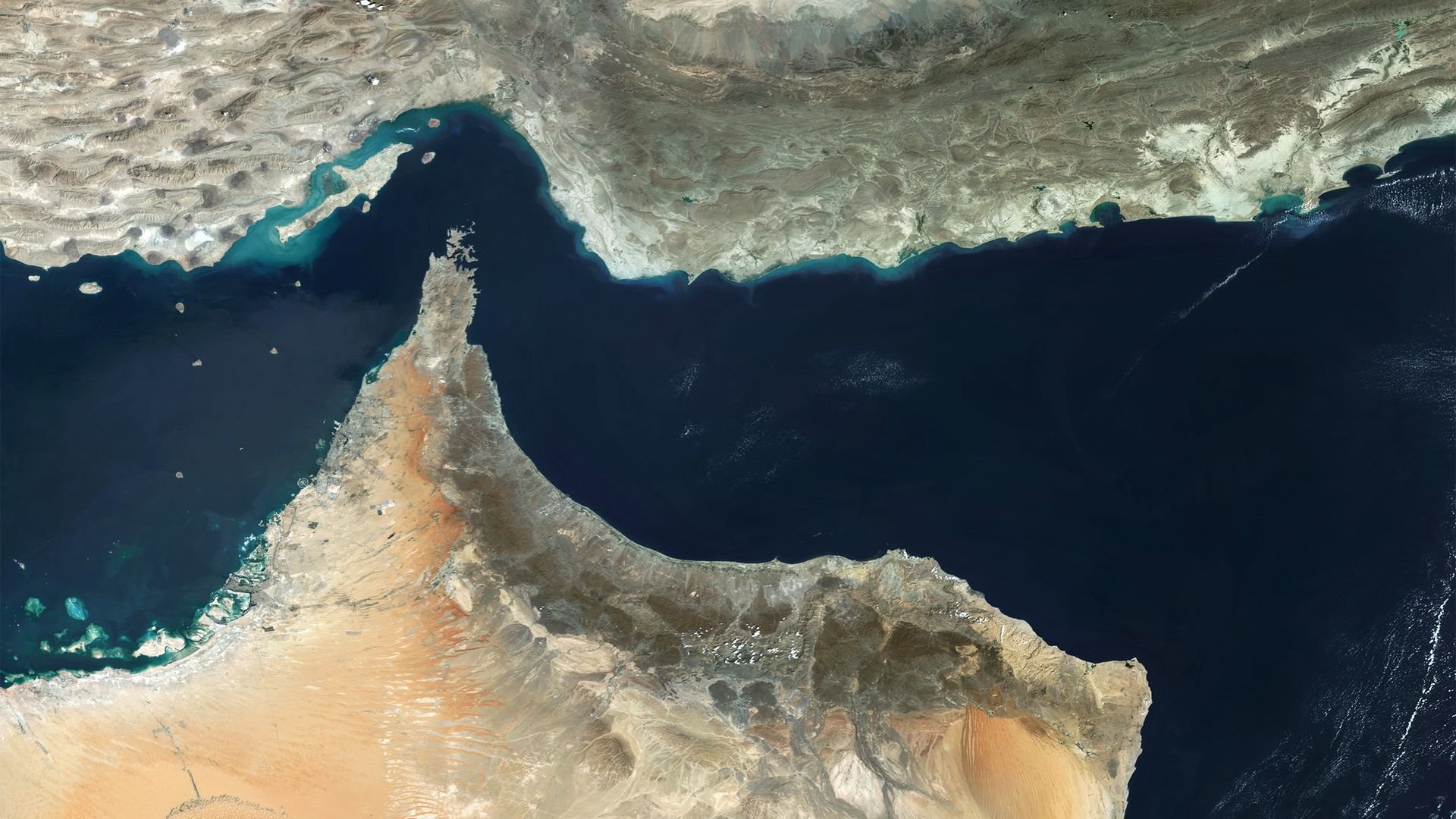 A satellite image of the Strait of Hormuz. 