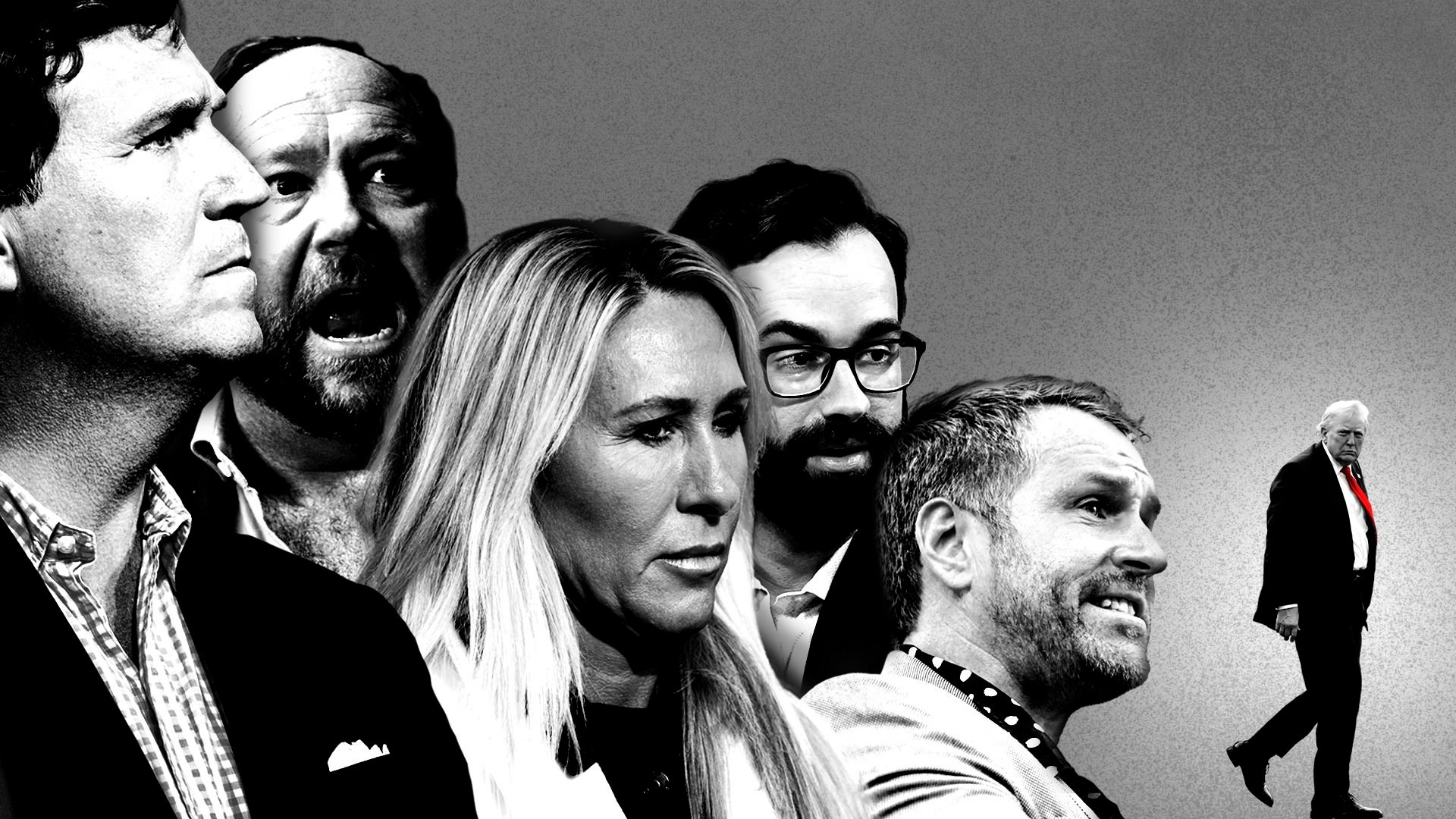 Photo illustration of a small President Trump walking away from Tucker Carlson, Alex Jones, Marjorie Taylor Greene, Matt Walsh, and Mike Cernovich