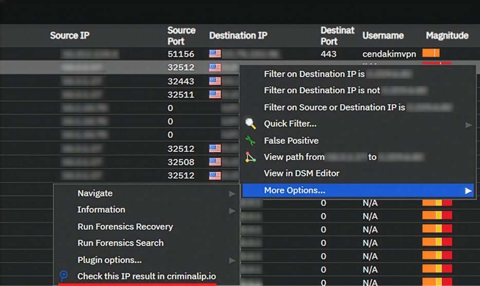  Integrated Criminal IP lookup within IBM QRadar SIEM enables analysts to investigate suspicious IPs directly from traffic logs.
