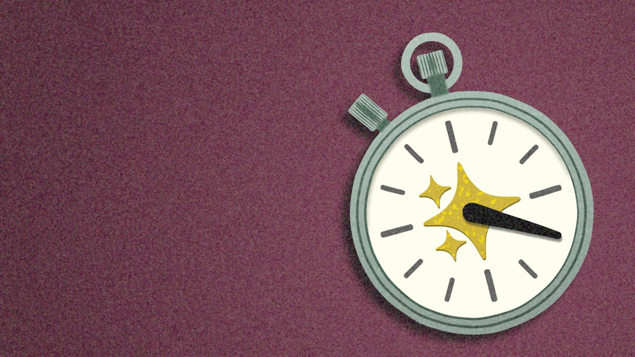 Animated illustration of a stopwatch with a sparkle emoji on the face, and a second hand going haywire.