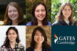 Headshots of five individuals plus the Gates Cambridge logo