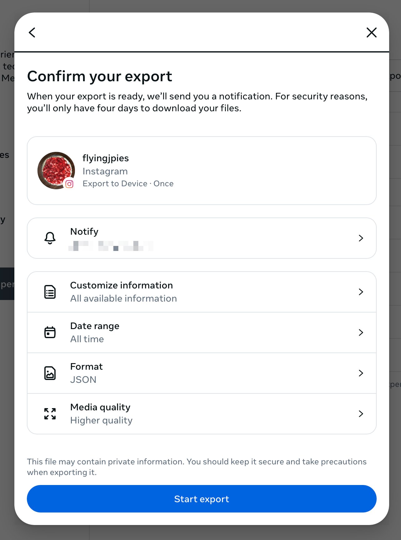 Screenshot of the export data tool in Instagram