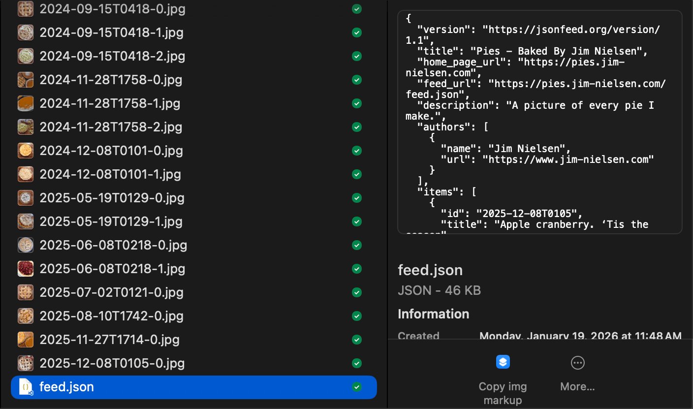 Screenshot of a folder in Finder with a bunch of images named by ISO8601 date and a feed.json file at the bottom.