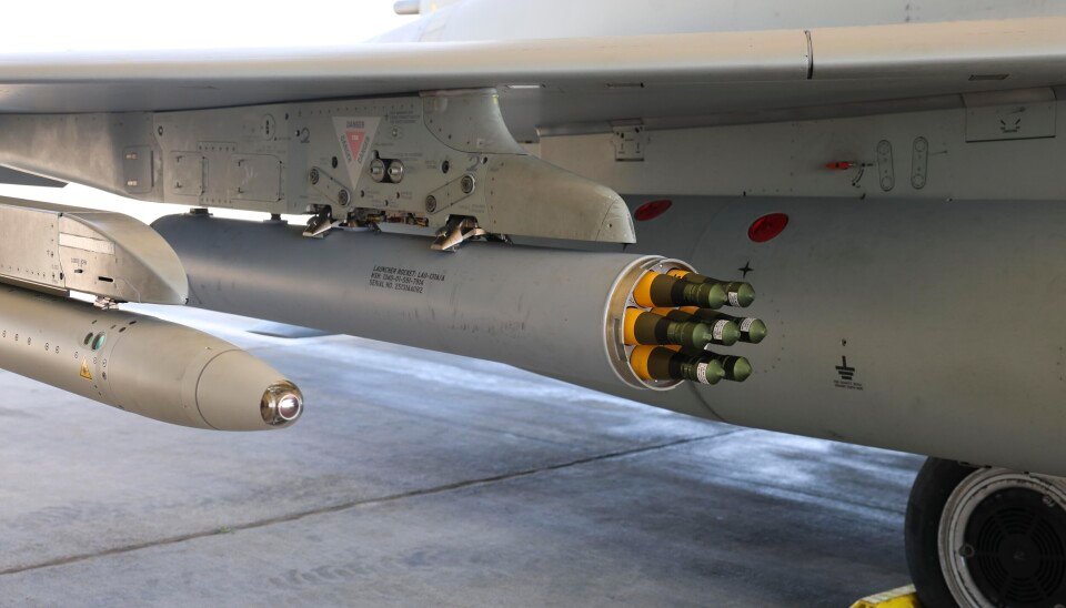 Close up of Advanced Precision Kill Weapon System (APKWS) rockets under the wing of an RAF Typhoon aircraft.