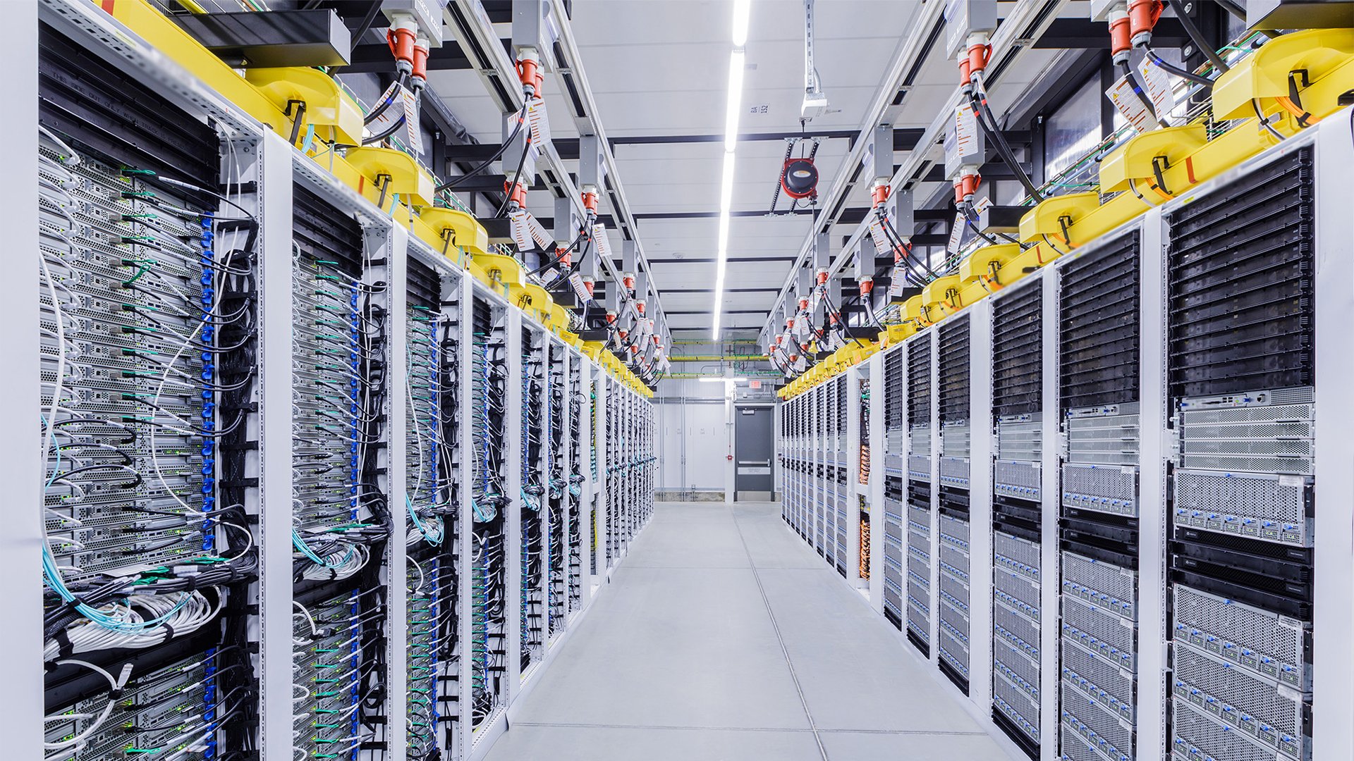 A Microsoft Azure data center, with racks and racks of servers connected via miles of Ethernet cabling.