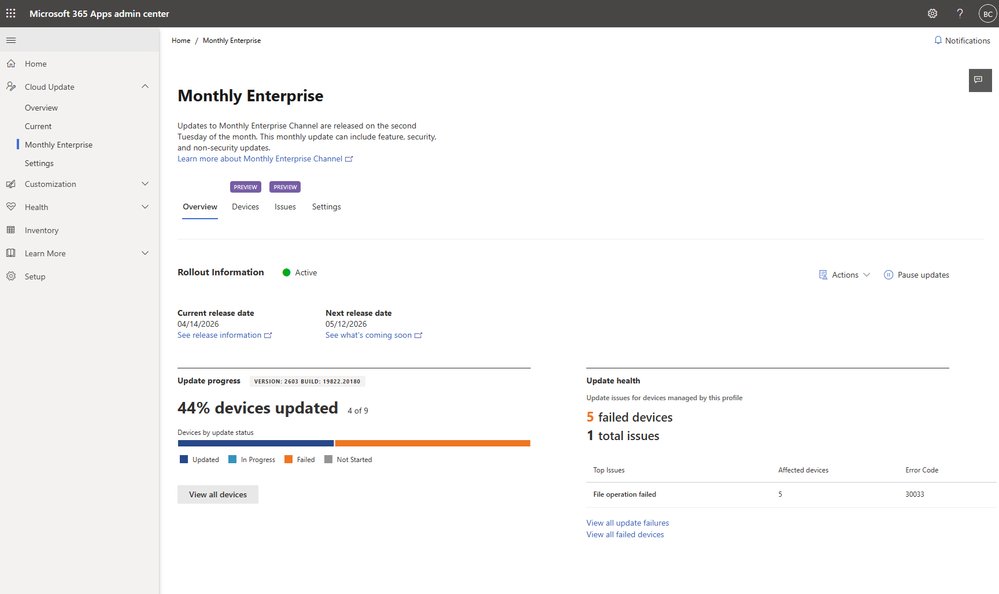 Screenshot of the Microsoft 365 Apps admin center showing the Monthly Enterprise page under cloud update. The left navigation menu lists sections such as Overview, Current, Monthly Enterprise, Settings, Health, Inventory, and Setup. The main panel displays rollout information with a status of Active, a current release date and a next release date. An update progress section shows 44% of devices updated, with a horizontal bar indicating device states, updated, in progress, failed, and not started. On the right, the update health section reports five failed devices and one total issue, with the top issue listed as 'File operation failed' affecting five devices, along with an error code.