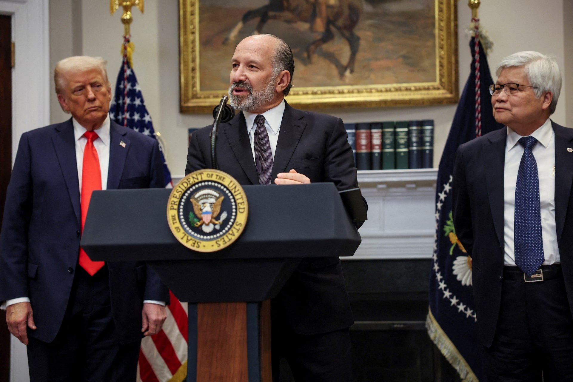 U.S. President Trump and .Commerce Secretary Howard Lutnick make an announcement about investment, at the White House