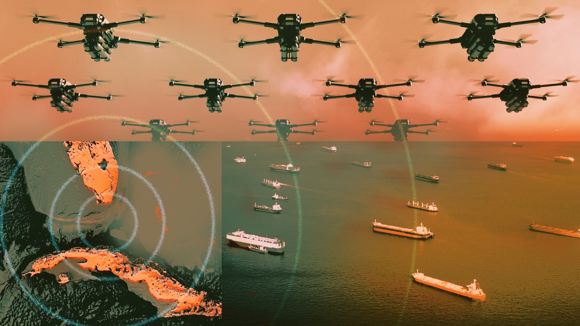 Illustrated collage of a formation of drones, the Strait of Florida, and cargo ships traveling across the water