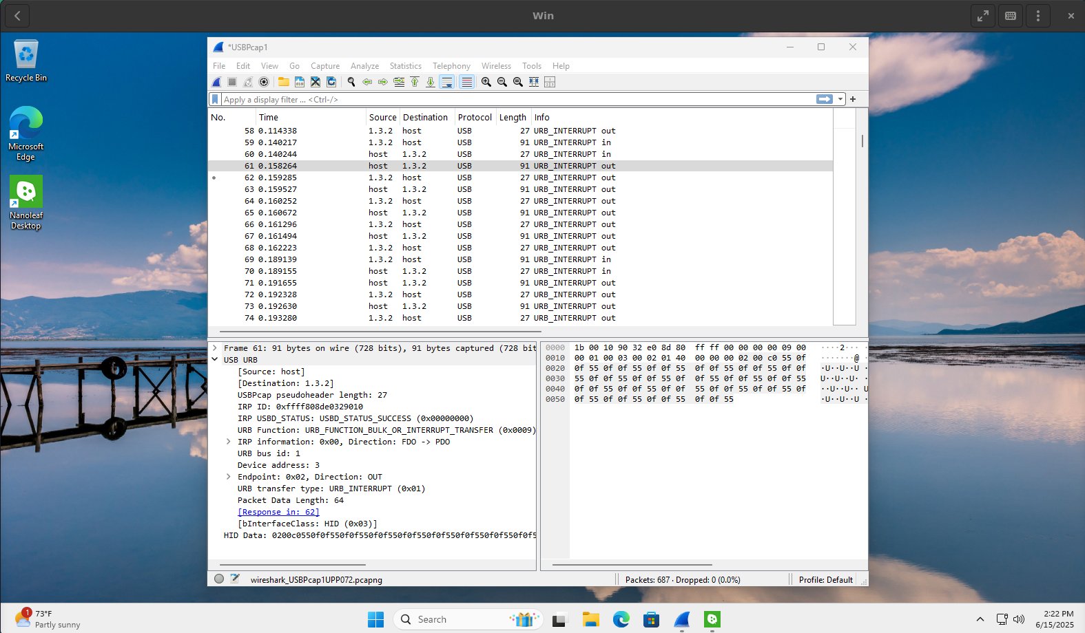 A screenshot of Wireshark showing captured USB packets