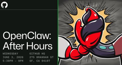 Header image with an Octocat tentacle and an OpenClaw claw shaking hands. Information about the OpenClaw: After hours is included 'Wednesday, June 3, 2026, 5:30-9 PM. GitHub HQ, 275 Brannan St., SF, CA 94107'