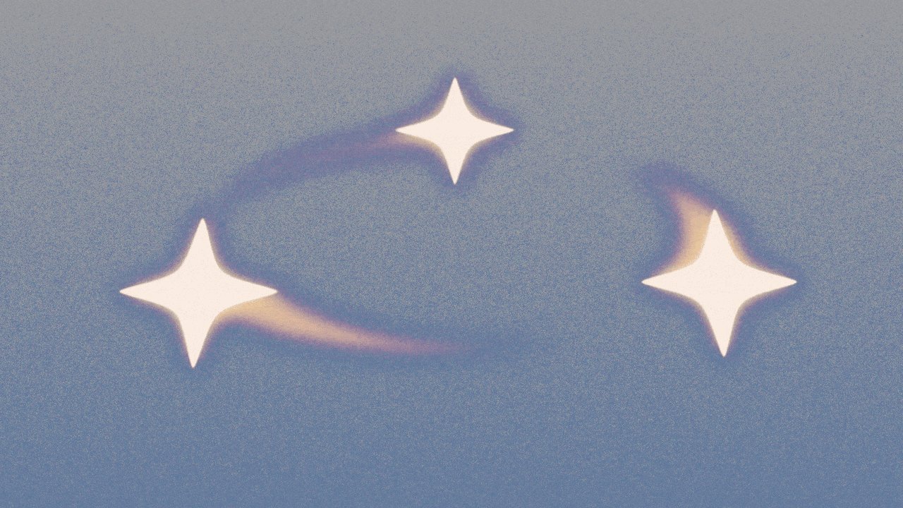 Animated illustration of three sparkles rotating in a circle, and glitching.