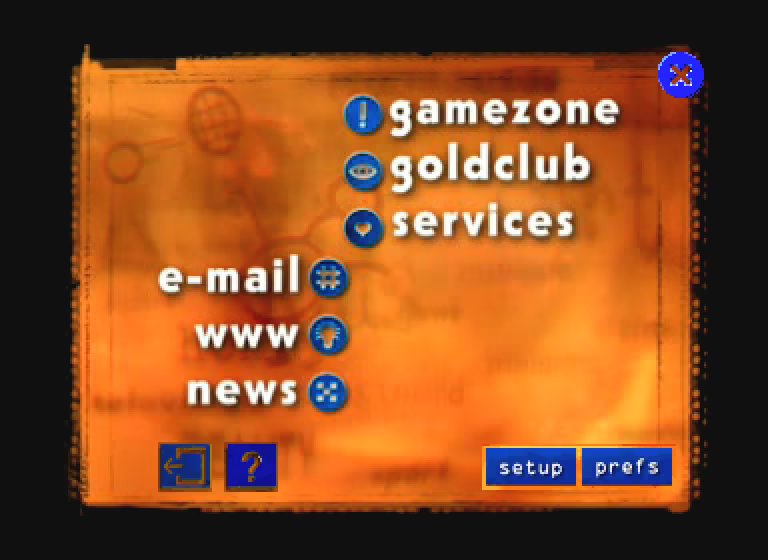 A golden, weathered scroll-like interface with blue buttons for 'gamezone', 'goldclub', 'services', 'e-mail', 'www', and 'news', among other interface buttons.