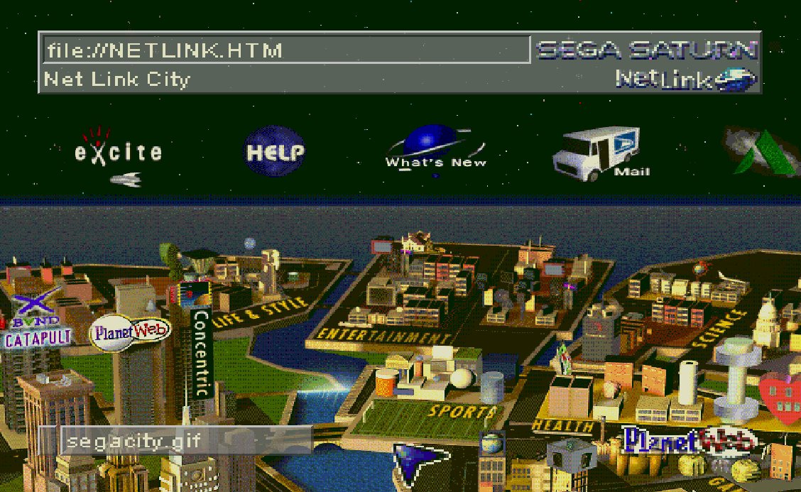 A cityscape with districts labelled 'life & style', 'entertainment', 'sports', and 'science'. Assorted branding is strewn around the screen, with a browser address bar at the screen's top. A collection of graphical shortcuts exists under this bar, including 'What's New', 'Mail', and 'Help'.