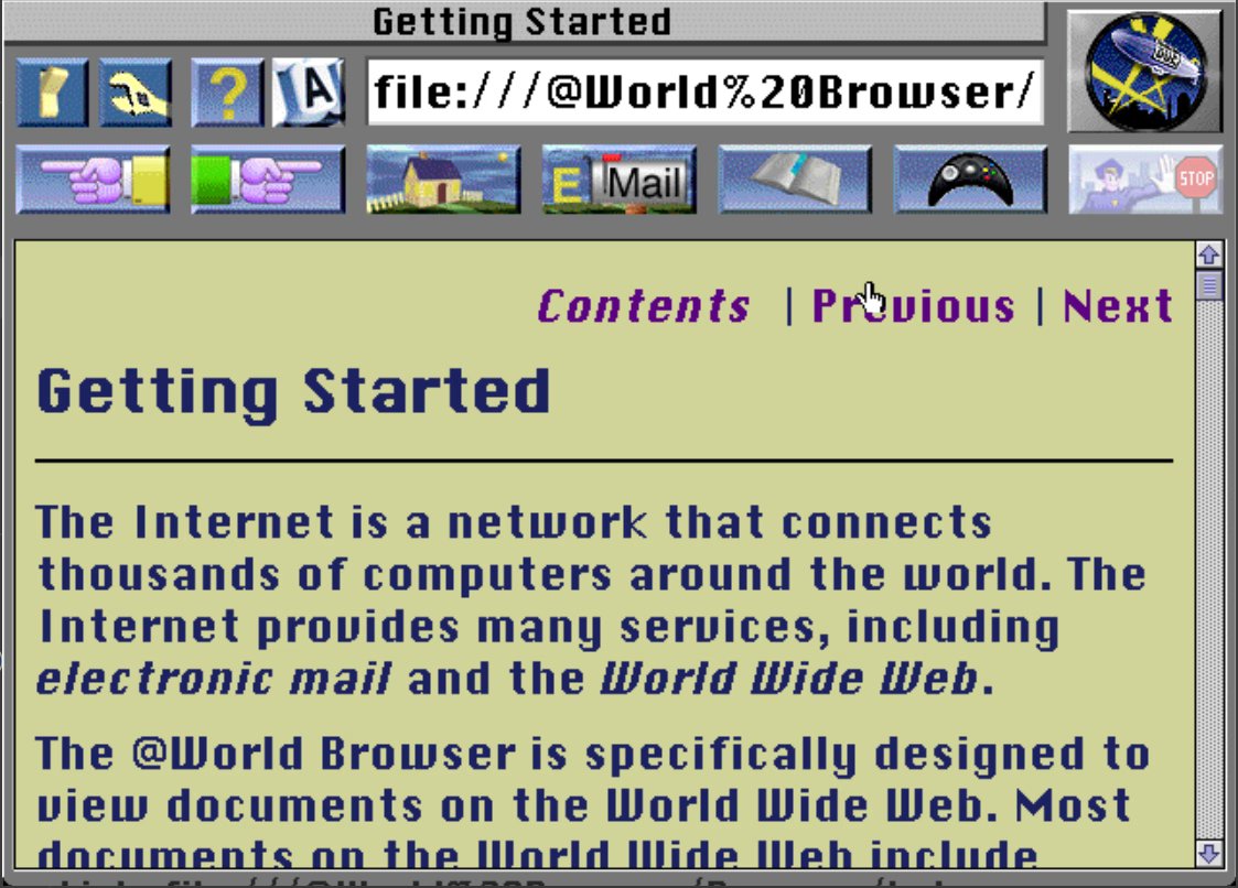 A grey browser chrome with a beige-backgrounded page open talking about the web and the browser. At the top of the screen are various detailed buttons, including a settings button, forward and back navigation buttons, controller, bookmarks, home, and email buttons, and an address bar.