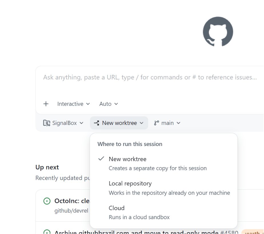 Screenshot of the 'New worktree' dropdown in the GitHub Copilot app. Options are 'New worktree', 'Local repository', or 'Cloud.'