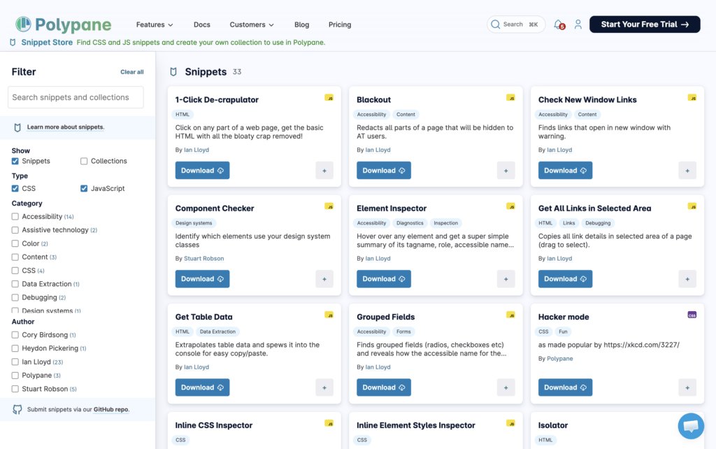 A card-based web interface for the Polypane Snippet Store featuring a sidebar with various filters and a collection of snippets for web development and accessibility.