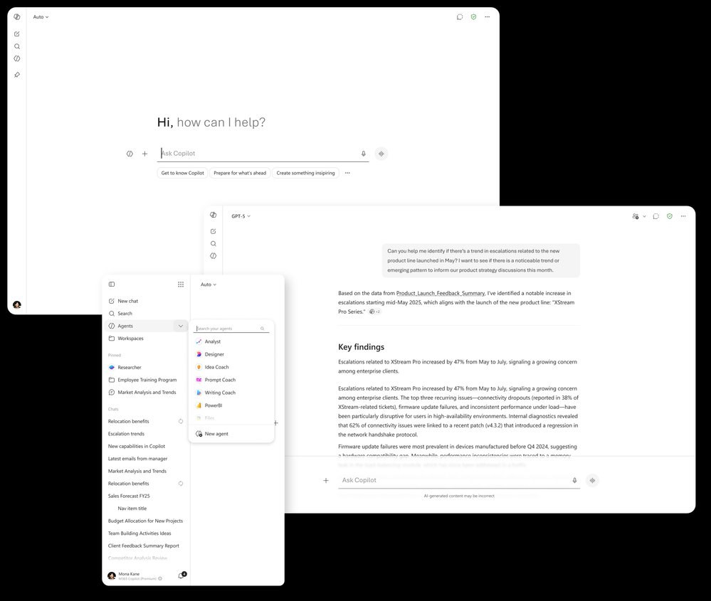 Three screenshots showing a Copilot app screen, the left navigation options, and a Copilot response.