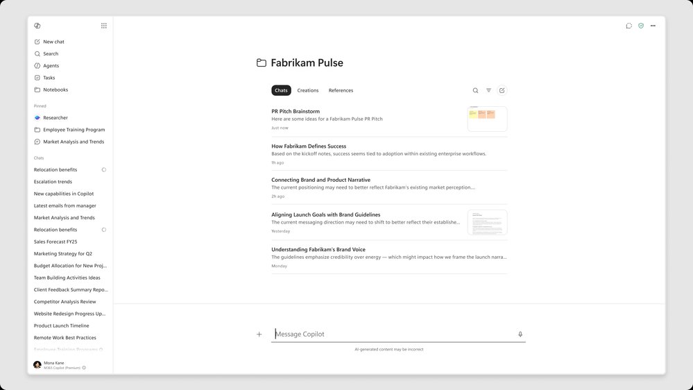 Screenshot of the new Copilot Notebooks design in the Microsoft 365 Copilot app