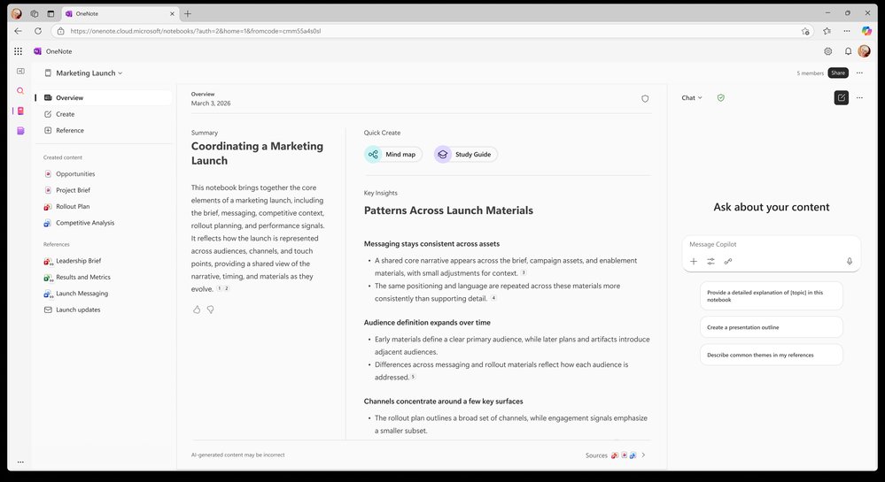 Screen shows the Copilot Notebooks experience for Copilot Chat users in OneNote