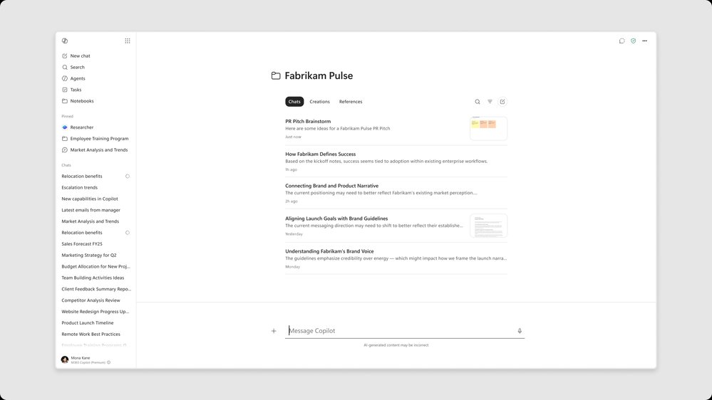 Screen shows the new Notebooks design in the Microsoft 365 Copilot app, with tabs to organize Chats, Creations, and References in your notebook.