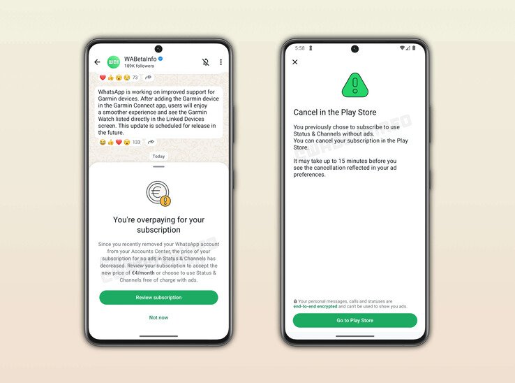 Screenshots from WABetaInfo show a subscription price of €4 per month (Image source: WABetaInfo)